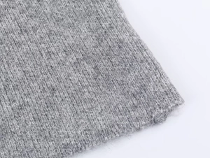 Detailed close-up showing texture of light grey chunky knit ribbed wool fabric