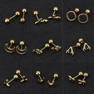 Nine pieces set of 16G gold stainless steel cartilage earrings with screw ball backs