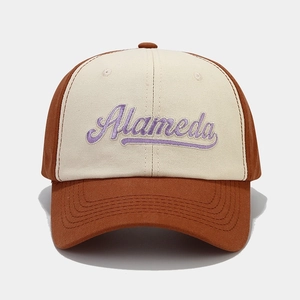 Close-up of Alameda embroidery detail and contrast stitching on cotton baseball cap