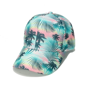 Tropical palm tree and sunset print baseball cap with pink and teal gradient pattern