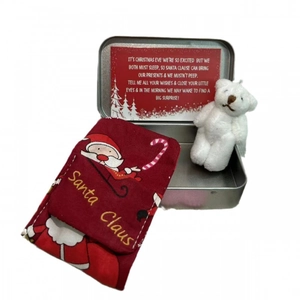 Christmas bear gift set with white plush toy and Santa Claus metal tin box