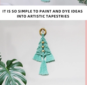 Detailed view of handmade macrame Christmas tree tapestry with green cotton cord and beads