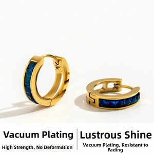 Macro detail of gold hoop earrings with row of blue baguette cut zircon stones