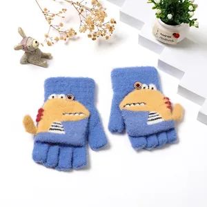 Cute blue dinosaur convertible flip top mittens for kids with warm knitted texture
