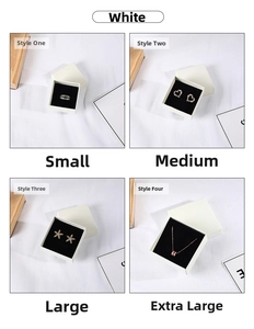 Four grid layout of white jewelry boxes in various sizes for rings and necklaces