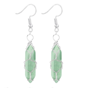 Macro detail of silver wire wrapped light green hexagonal natural stone crystal earrings