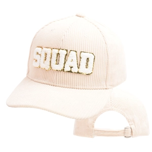Detail of adjustable strap and corduroy texture on pink SQUAD BRIDE baseball cap