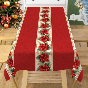 Waterproof Christmas tablecloth with red poinsettia floral prints for festive dining decor