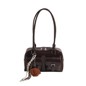 Glossy dark brown faux leather bowling bag for women with plush teddy pendant charm
