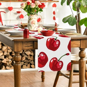 Linen table runner with red cherry print on white background for home kitchen decor