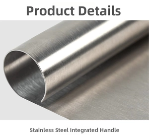 Close-up of stainless steel bench scraper with integrated rolled handle and brushed texture