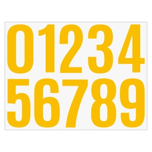 Detailed view of yellow 4-inch self-adhesive waterproof mailbox numbers from 0 to 9