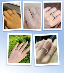 Collage of 925 silver eternity bands and solitaire rings worn in various lighting
