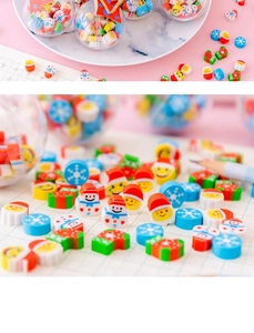 Close-up of Christmas themed mini erasers including snowman and Santa Claus designs
