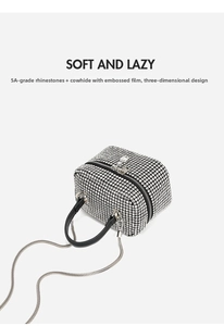 Detailed macro of the 5A rhinestone square bag featuring structured cowhide leather texture