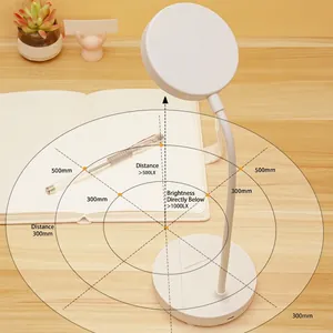 White minimalist LED desk lamp with circular head and flexible neck on wooden workspace