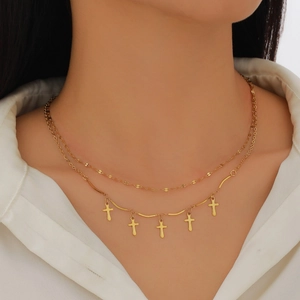 Double-layered gold stainless steel necklace with five small cross pendants for women