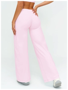 Detailed back view of high-waisted pale pink wide-leg yoga pants with lifting seams