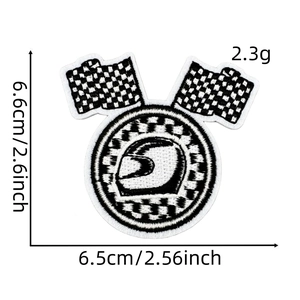 Racing theme embroidery patch with helmet and checkered flag design, dimensions 6.5x6.6cm
