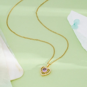 Titanium steel necklace for women with purple zircon heart pendant on gold chain