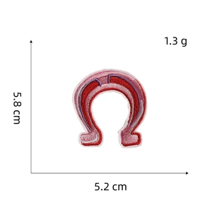 Detail view of red and pink U-shaped embroidery patch with 5.8cm size measurements