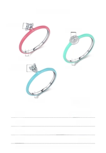 Macro detail of S925 sterling silver rings with colorful enamel and clear gemstones