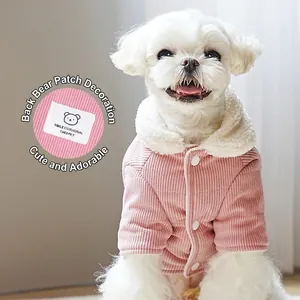Manteau d'hiver rose en velours pour chien avec col polaire et patch ours mignon
