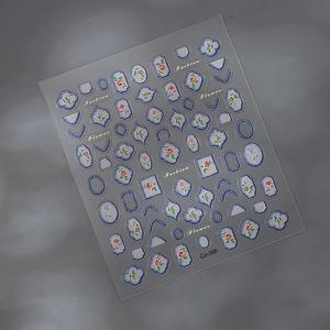 Detail of 3D embossed French nail stickers with red rose and blue porcelain frame