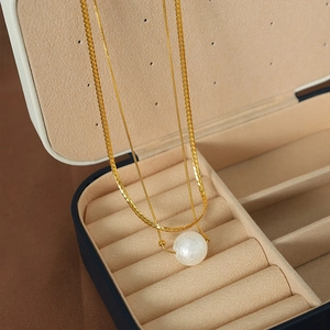 Layered Necklace With Imitation Artificial Pearl Pendant Stainless Steel Snake Chain For Women Minimalist Fashion Niche Design