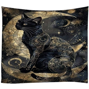 Detail of black cat tapestry with gold mandala patterns and crescent moon elements