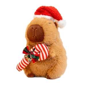 Cute Christmas Capybara plush toy with Santa hat and candy cane for holiday decoration