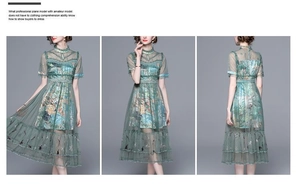 Three-way view of green embroidered mesh dress with floral patterns and pleated hem