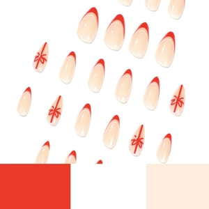 Weihnachtliche rote French Almond Press-On Nails mit süßen Schleifen-Designs auf Weiß