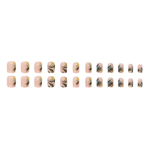 Short square press-on nails with tropical ink bamboo pattern on light pink base
