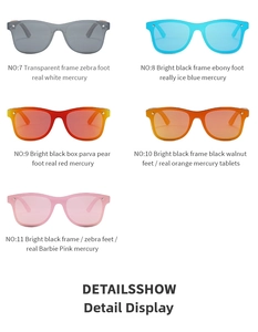 Detailed grid of bamboo wood sunglasses with colorful polarized lenses and textured temples