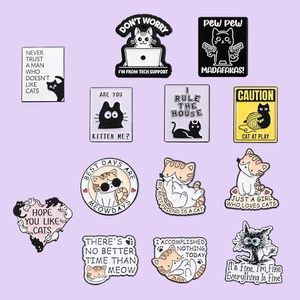 Set of 13 colorful cartoon cat enamel pins with funny English quotes on purple background