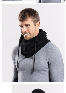 Detail of black fleece neck warmer with adjustable drawstring and metal toggle
