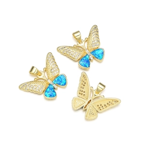 Luxury gold plated butterfly pendant necklace with blue opal and zircon stones