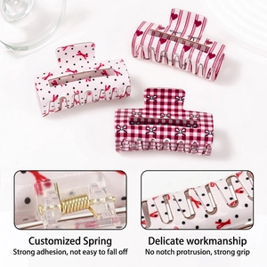 Plaid and polka dot heart hair claws with durable springs and strong grip for women