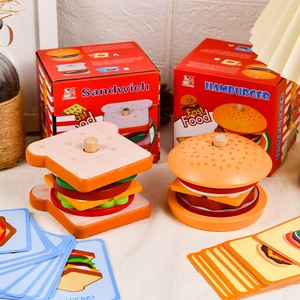 Wooden play food sandwich and hamburger toy set with order cards for kids