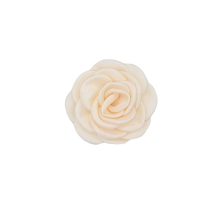 Detailed view of handmade cream satin camellia flower head with delicate burnt edge texture