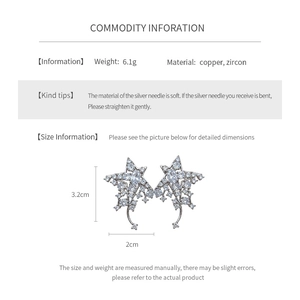Detailed size specifications for silver star earrings made with copper and zircon