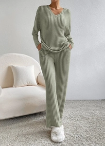 Relaxed sage green knit two-piece set with V-neck top and ribbed straight trousers
