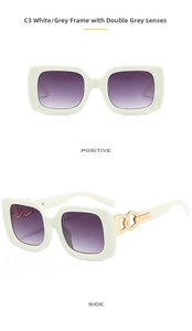 Detailed views of square cream white frame sunglasses with gradient grey lenses