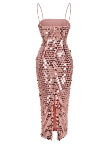 Detail view of rose gold sequin dress showing fine straps and back slit design