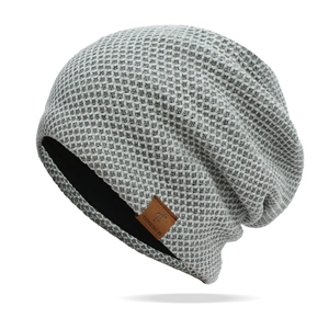 Winter chenille knit beanie for men featuring grey waffle texture and warm fleece lining