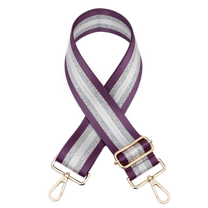Adjustable purple and silver glitter woven strap for bags with gold metal hardware