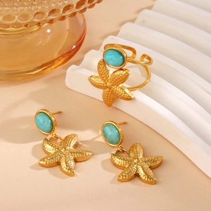 Starfish gold jewelry set with turquoise stones featuring earrings and open ring