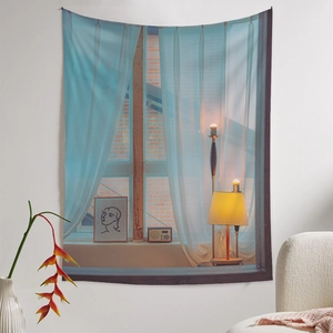 Detail of a decorative wall tapestry featuring a cozy window scene with a retro radio