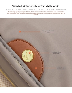 Detail of waterproof Oxford fabric with brown leather trim and golden metal hardware